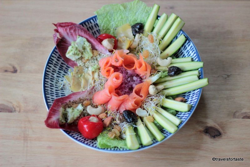 Healthy superfood and smoked salmon salad