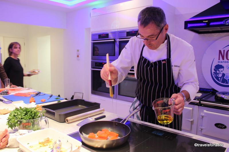 Norwegian fjord trout U.K lunch event, brand ambassador Chef Daniel Galmiche cooking demonstration